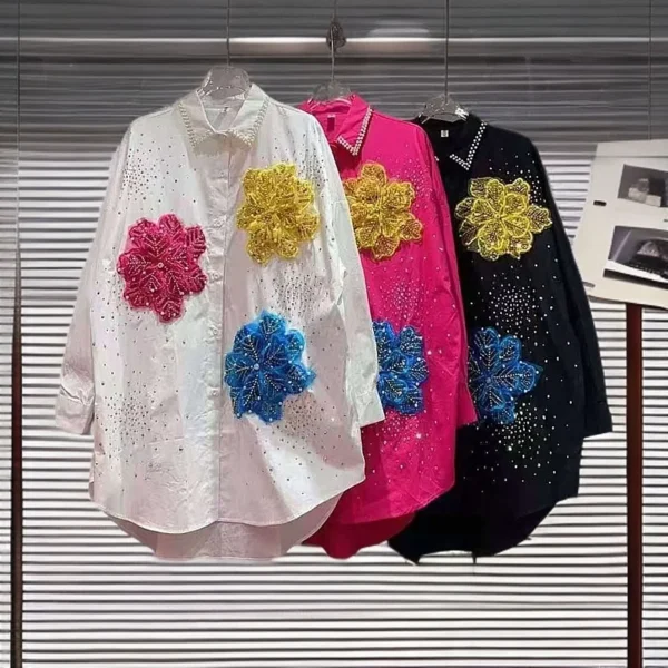 Trendy Women's Nail Beading Spliced 3D Flower Shirt 2025 Autumn Long Sleeves Lapel Blouse Female